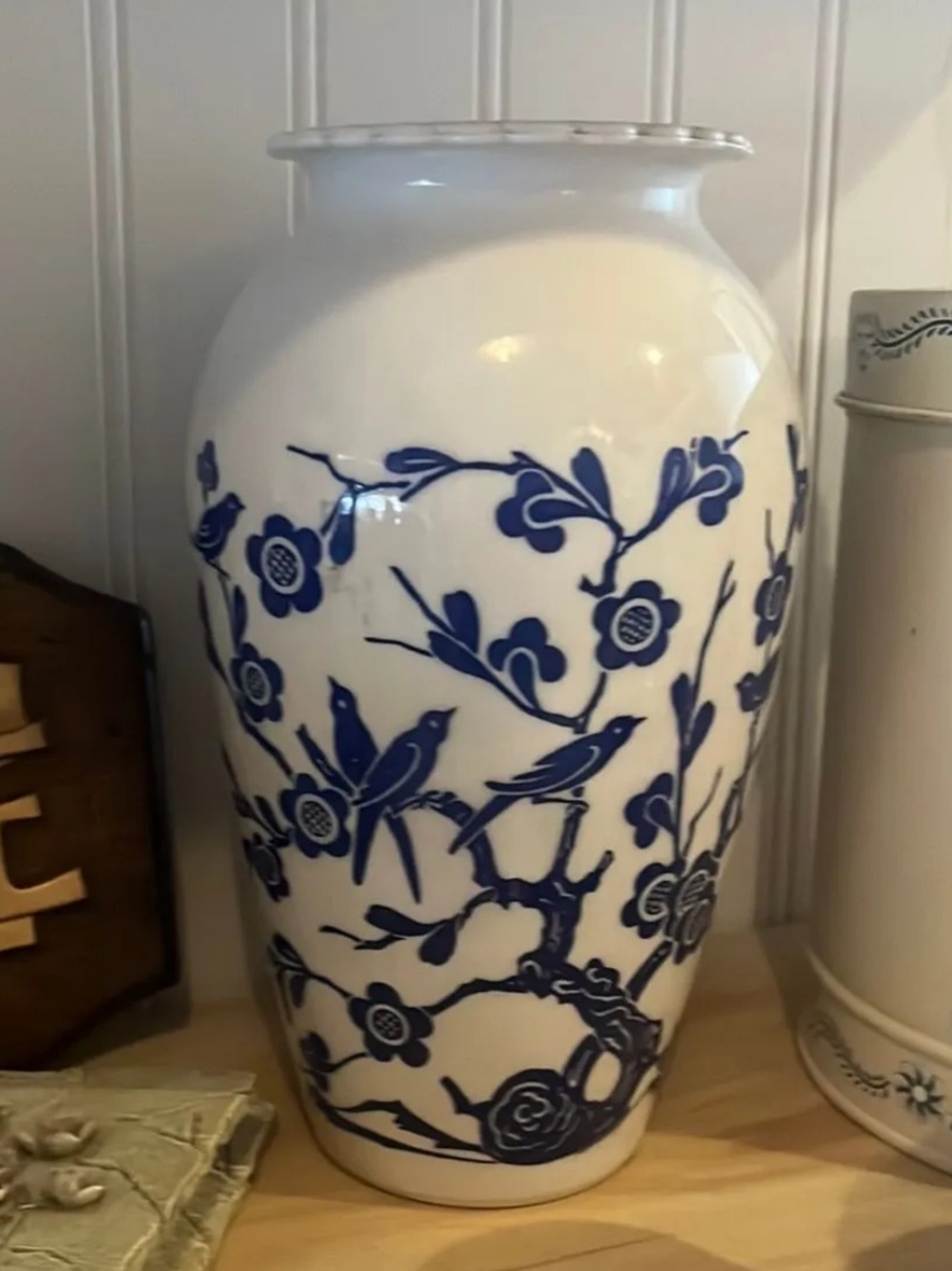Vintage Anchor Hocking White Milk Glass Blue Floral Birds Hand Painted Vase